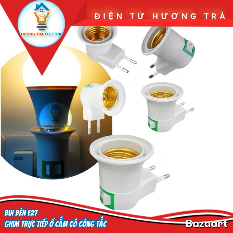 Đui đèn E27 chuyển đổi từ đầu cắm sang ổ cắm EU có công tắc tắt/mở tiện dụng