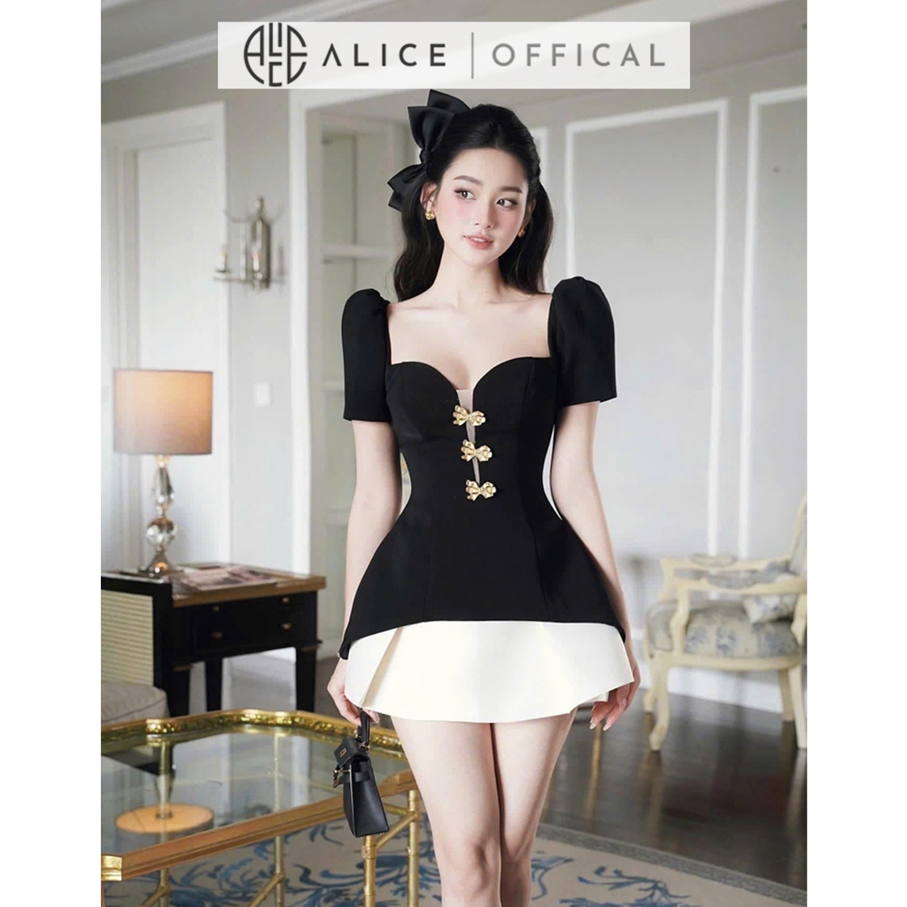 Set Váy Dự Tiệc Cao Cấp Alice, Áo Chất Chéo Rubi Cổ Vuông Thắt Eo Đính Đá Phối Chân Váy Tafta Chữ A Ngắn V1317