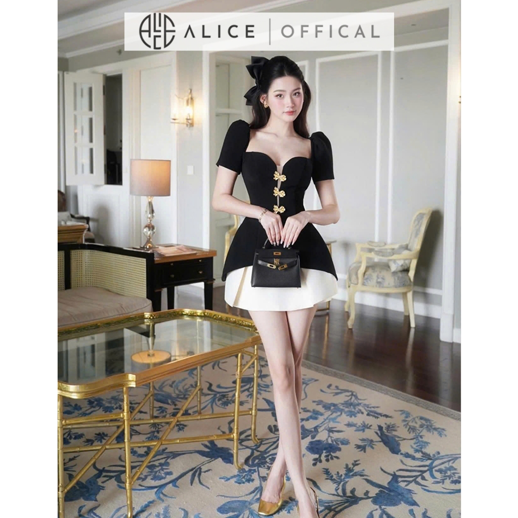 Set Váy Dự Tiệc Cao Cấp Alice, Áo Chất Chéo Rubi Cổ Vuông Thắt Eo Đính Đá Phối Chân Váy Tafta Chữ A Ngắn V1317