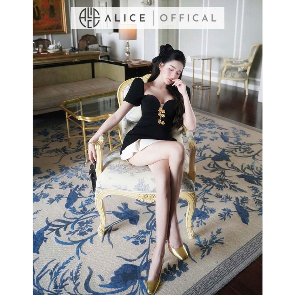 Set Váy Dự Tiệc Cao Cấp Alice, Áo Chất Chéo Rubi Cổ Vuông Thắt Eo Đính Đá Phối Chân Váy Tafta Chữ A Ngắn V1317