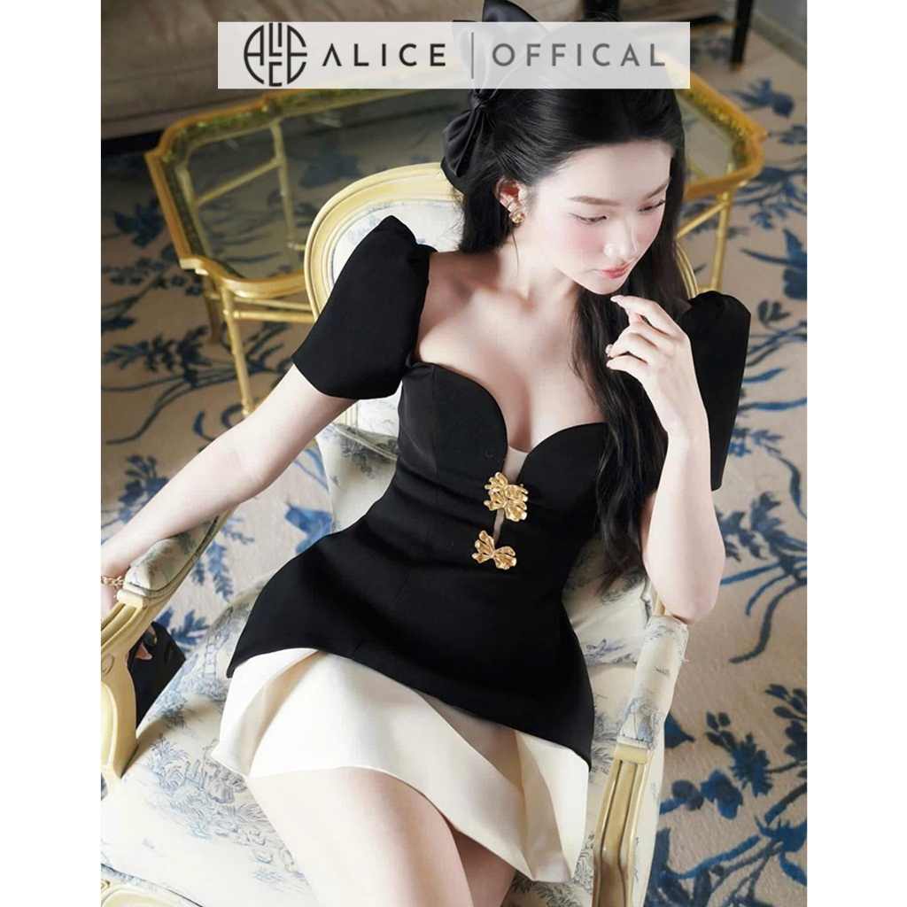 Set Váy Dự Tiệc Cao Cấp Alice, Áo Chất Chéo Rubi Cổ Vuông Thắt Eo Đính Đá Phối Chân Váy Tafta Chữ A Ngắn V1317