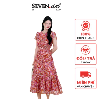 Đầm xoè tay cộc tơ hoạ tiết hoa đai eo xếp ly thời trang nữ Seven.AM H633587I