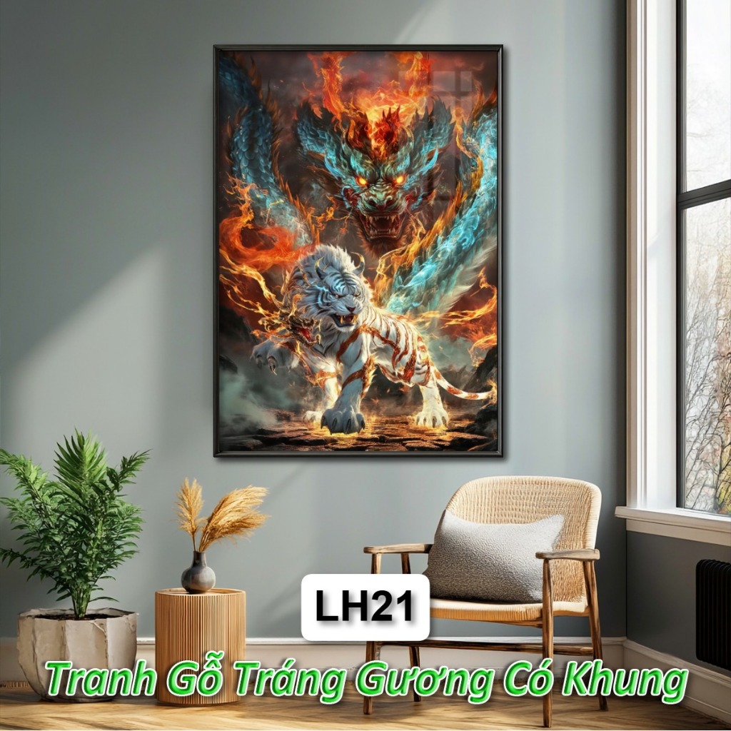 Tranh Long Hổ Tranh Đấu Tráng Gương Khung Composite Decor Treo Tường Trang Trí Phòng Khách