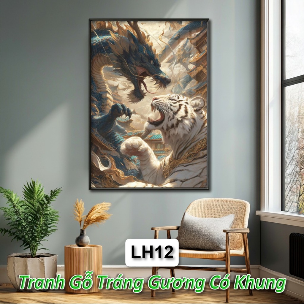 Tranh Long Hổ Tranh Đấu Tráng Gương Khung Composite Decor Treo Tường Trang Trí Phòng Khách