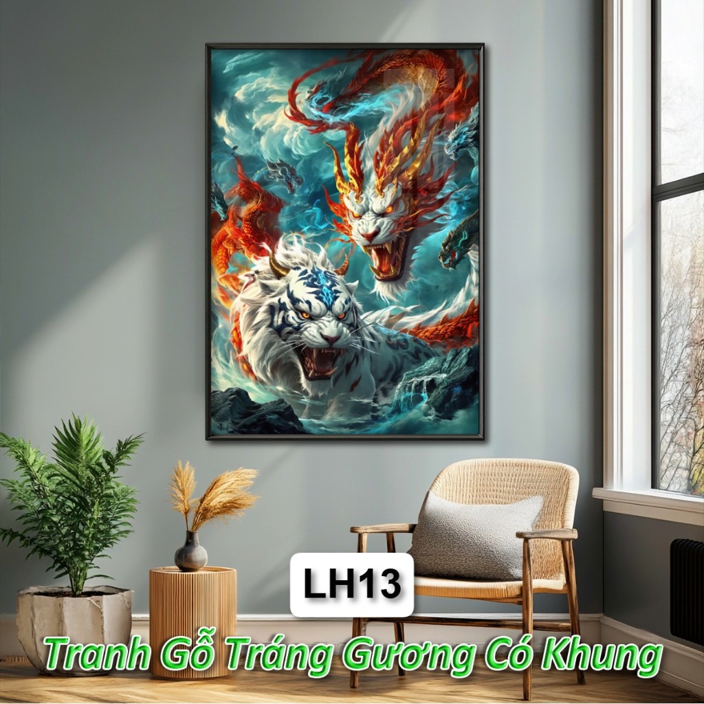 Tranh Long Hổ Tranh Đấu Tráng Gương Khung Composite Decor Treo Tường Trang Trí Phòng Khách