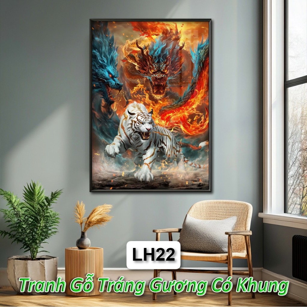 Tranh Long Hổ Tranh Đấu Tráng Gương Khung Composite Decor Treo Tường Trang Trí Phòng Khách