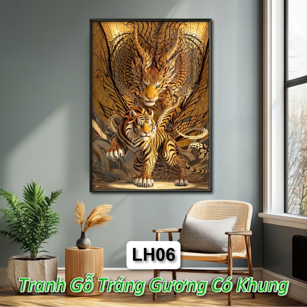 Tranh Long Hổ Tranh Đấu Tráng Gương Khung Composite Decor Treo Tường Trang Trí Phòng Khách