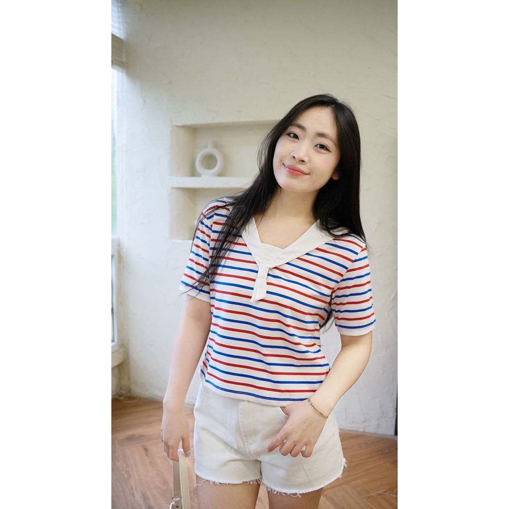 Ảnh TheBlueTshirt - Áo thun sọc cổ V viền trắng thắt nơ cho nữ - Sailor T - Women 2