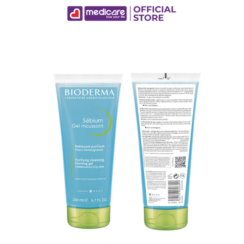 Gel rửa mặt Bioderma Sebium tạo bọt dành cho da hỗn hợp và da dầu 200ml