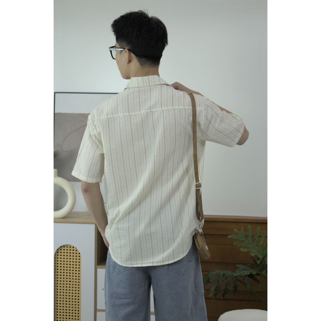 Áo Sơ Mi Nam Cộc Tay Vải Cotton Xốp Thoáng Khí Mát Mẻ Phối Sọc Thời Trang Halley A21