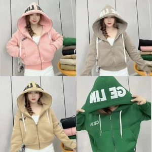Áo khoác nỉ thêu chữ GELIN chống nắng mũ to tay xỏ ngón dáng croptop thêu zip đi nắng