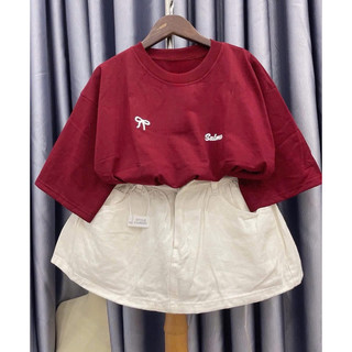 Set bộ áo cotton khô in nơ mix chân váy jean be