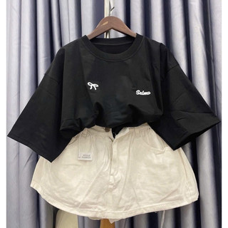 Set bộ áo cotton khô in nơ mix chân váy jean be