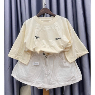 Set bộ áo cotton khô in nơ mix chân váy jean be