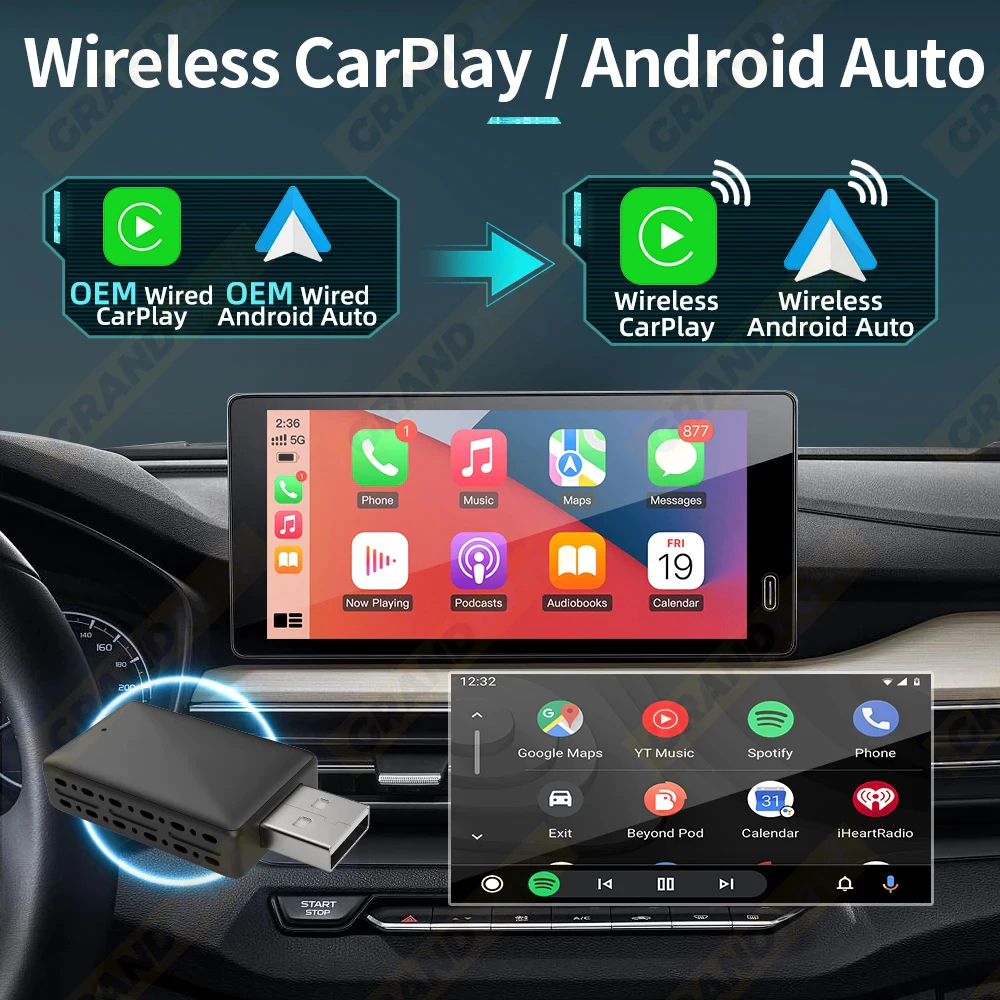Bộ chuyển đổi tự động Android CarPlay không dây cho ô tô, CarPlay không dây & Android tự động, bắt tín hiệu tốt, nhỏ gọn