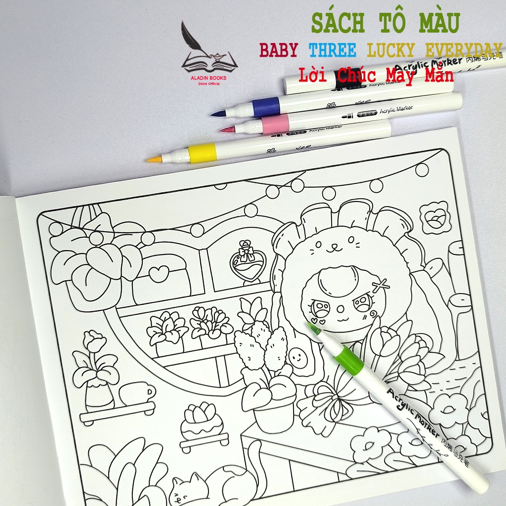 Sách-Tô Màu Baby Three Lucky Everyday- Lời Chúc May Mắn - Quà Tặng Kèm Theo-Lant Tiểu Tranh