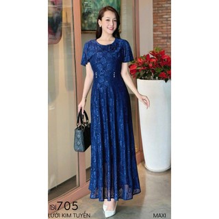 Đầm MAXI trung niên dự tiệc sang trọng vải kim tuyến nhũ kim sa tặng mẹ co giãn tốt bigsize 75kg M705
