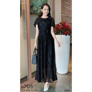 Đầm MAXI trung niên dự tiệc sang trọng vải kim tuyến nhũ kim sa tặng mẹ co giãn tốt bigsize 75kg M705