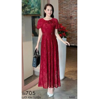 Đầm MAXI trung niên dự tiệc sang trọng vải kim tuyến nhũ kim sa tặng mẹ co giãn tốt bigsize 75kg M705