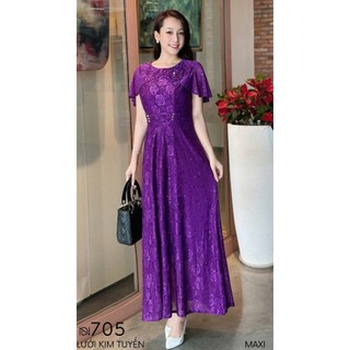 Đầm MAXI trung niên dự tiệc sang trọng vải kim tuyến nhũ kim sa tặng mẹ co giãn tốt bigsize 75kg M705