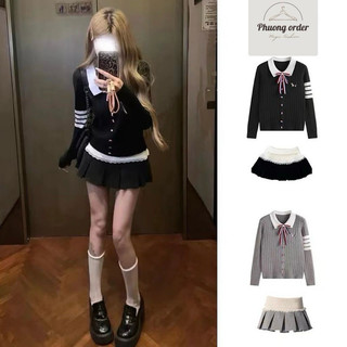 Set 2 món áo len cổ bẻ nơ sọc tay kèm chân váy xếp li ngắn bản to cạp chun phối ren siêu xinh cho nữ