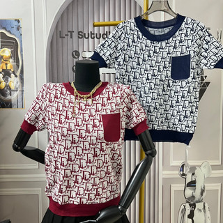 Áo len nữ cổ tròn cộc tay chữ đi o siêu sang, len mặc bốn mùa free size 876