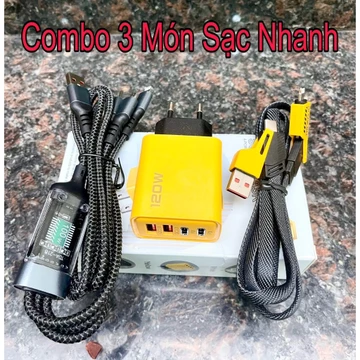 Combo 3 Món Sạc Nhanh : Cốc Sạc Nhanh 120w 4 Cổng , Cáp Sạc Nhanh 100w 3 Đầu, Cáp Sạc 4 Đầu (Cáp 4in1) - Phụ Kiện Sạc ĐT