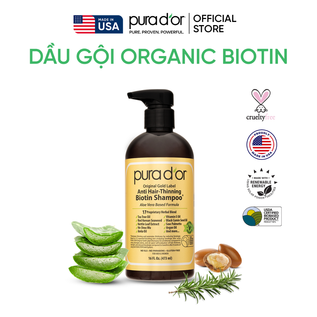 Ảnh Dầu gội hữu cơ hỗ trợ giảm rụng tóc, mọc tóc Biotin Pura D'or Original Gold Label 473ml tặng dầu xả tím 1