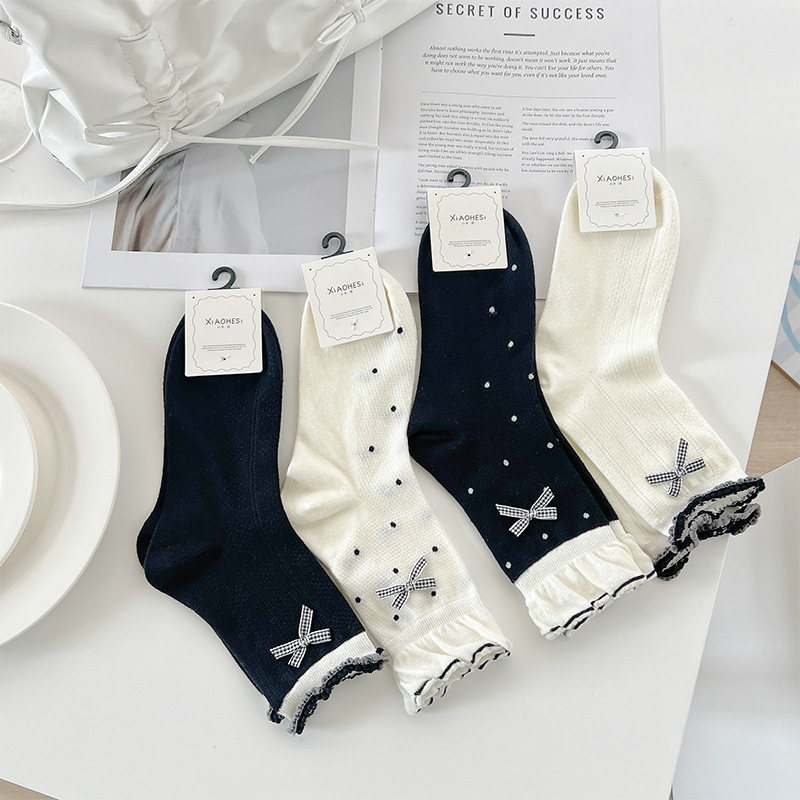 Vớ Tất nữ thêu nổi hình Nơ 4 mẫu cổ nhún siêu dễ thương, xinh xắn