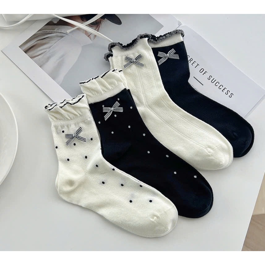 Vớ Tất nữ thêu nổi hình Nơ 4 mẫu cổ nhún siêu dễ thương, xinh xắn