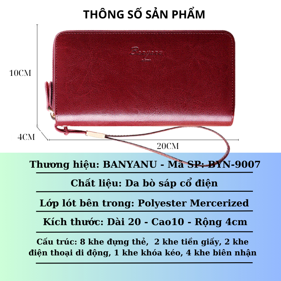 Ví dài nữ cầm tay da bò nhiều ngăn, bóp nữ cao cấp chính hãng BANYANU BYN-9007 có hộp làm quà tặng phong cách sang trọng