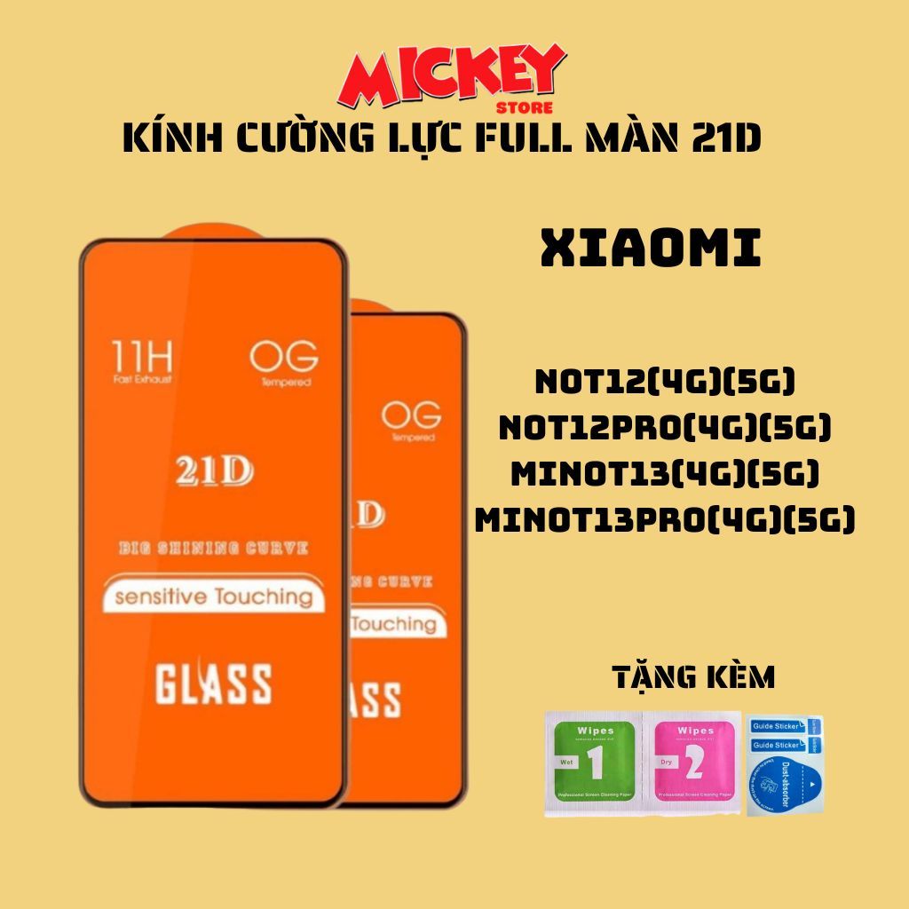Kính cường lực full màn 21D Xiaomi Redmi Not12 Not12pro Not13 Not13pro 4g/5g hạn chế vân tay