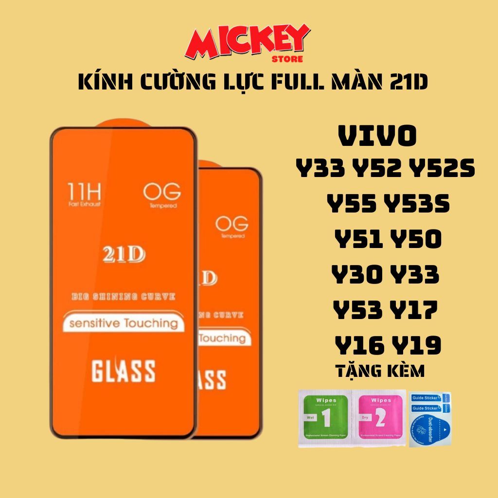 Kính cường lực full màn 21D cho Vivo Y33 Y52 Y52S Y51 Y50 Y30 Y53 Y17 Y16 Y19 hạn chế vân tay