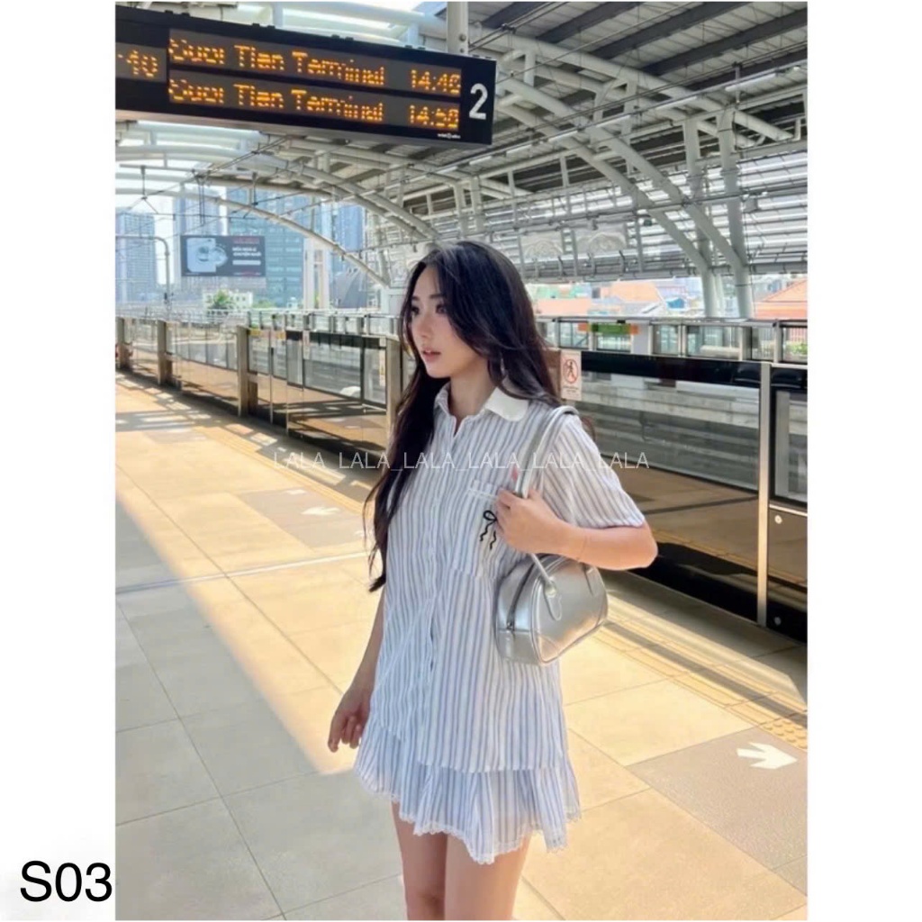 Set áo sơ mi thêu nơ phối ren kèm chân váy xếp ly dáng ngắn xinh xắn LALASTORE S03