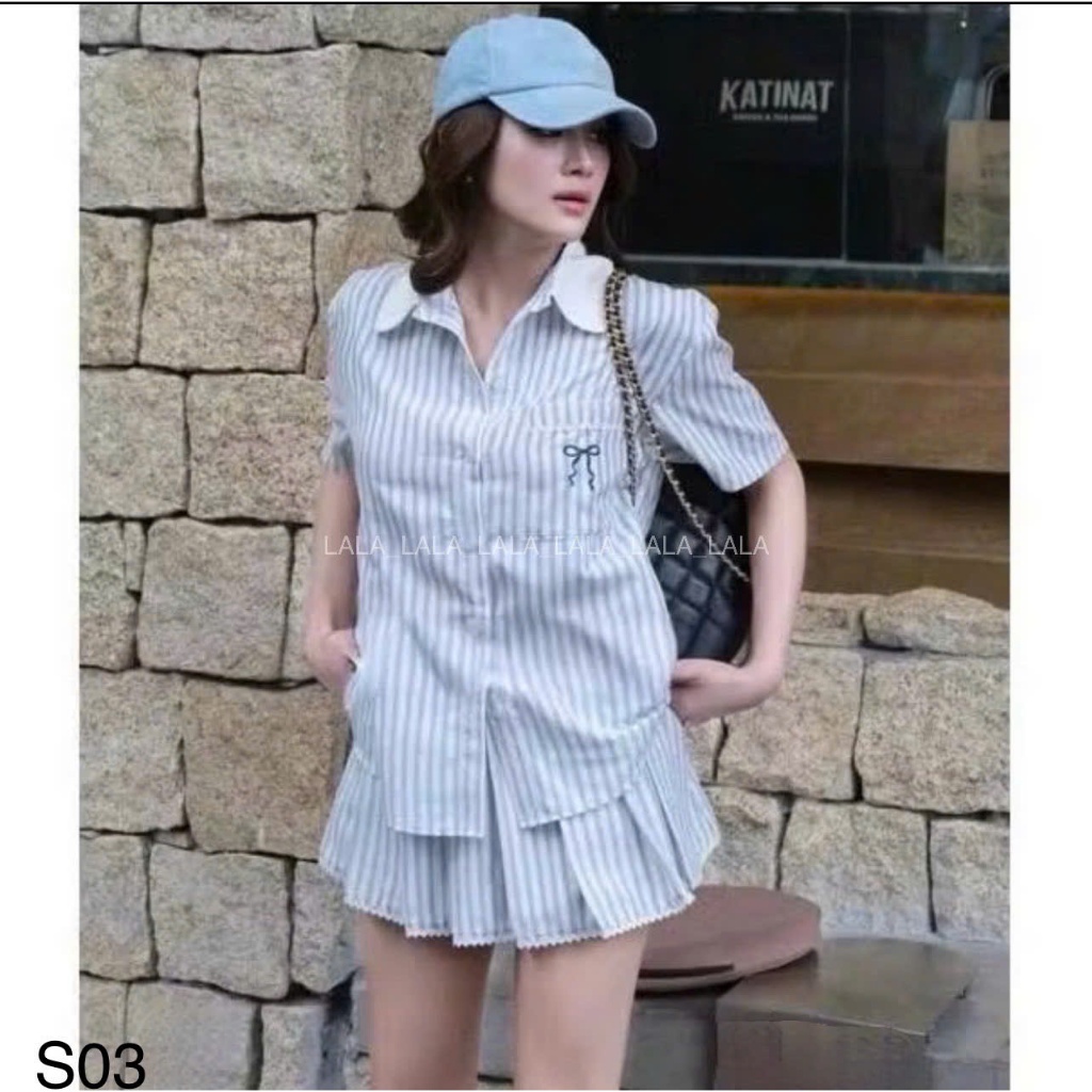 Set áo sơ mi thêu nơ phối ren kèm chân váy xếp ly dáng ngắn xinh xắn LALASTORE S03
