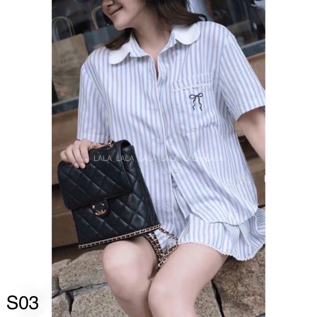 Set áo sơ mi thêu nơ phối ren kèm chân váy xếp ly dáng ngắn xinh xắn LALASTORE S03