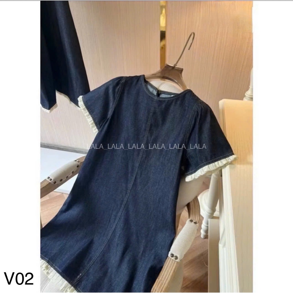 Váy bò dáng suông phối bèo trắng, váy bò mềm che khuyết điểm LALASTORE V02