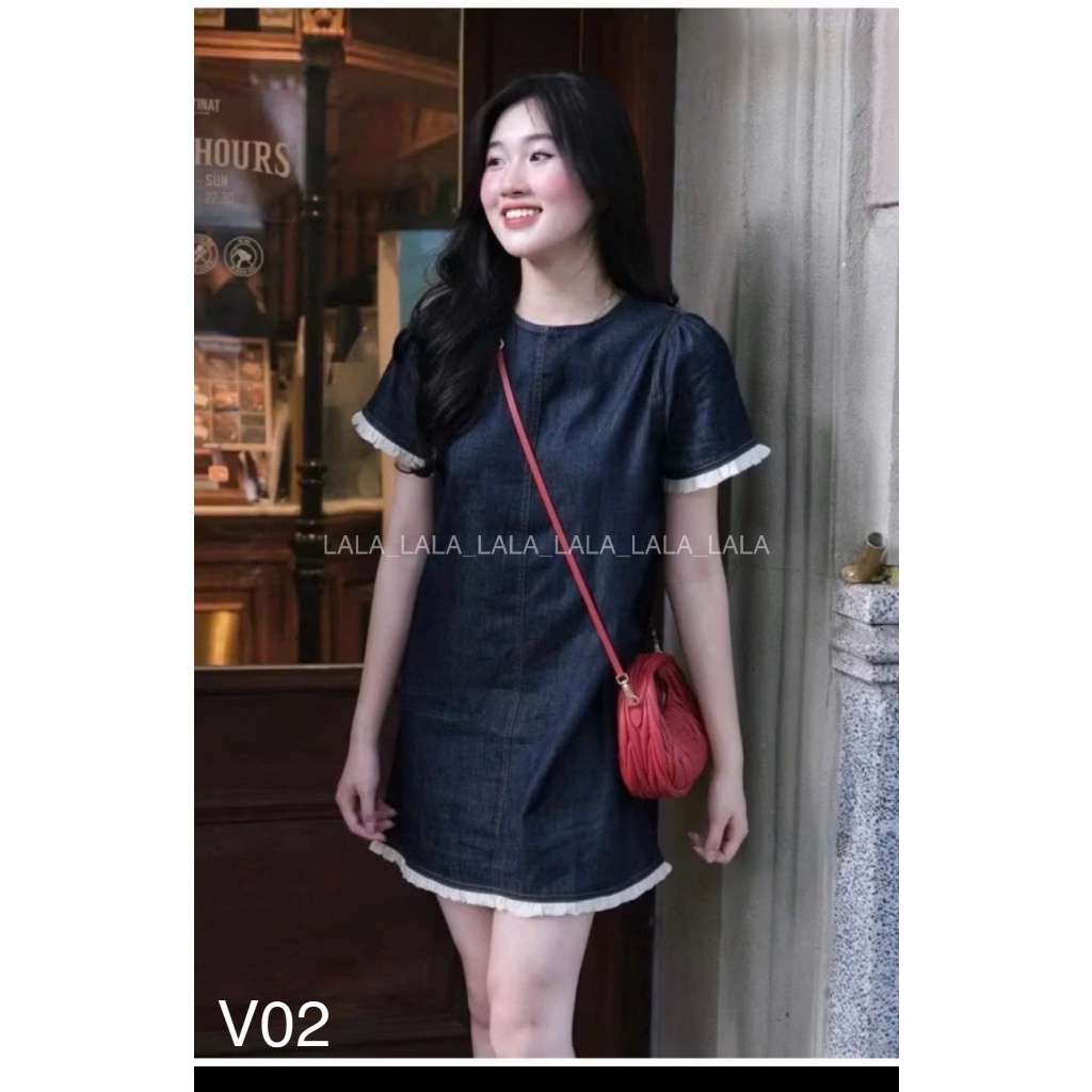 Váy bò dáng suông phối bèo trắng, váy bò mềm che khuyết điểm LALASTORE V02