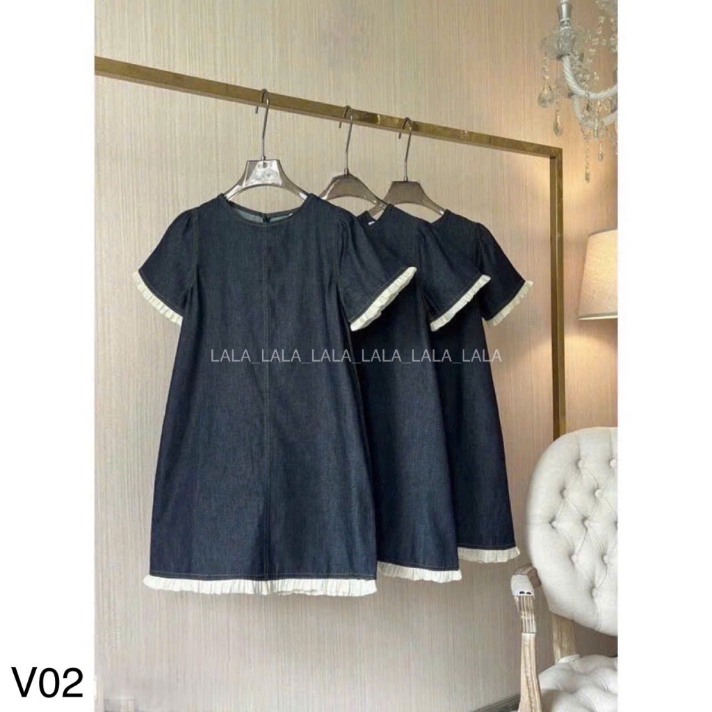 Váy bò dáng suông phối bèo trắng, váy bò mềm che khuyết điểm LALASTORE V02