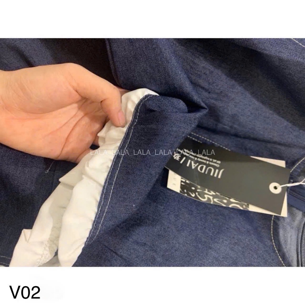 Váy bò dáng suông phối bèo trắng, váy bò mềm che khuyết điểm LALASTORE V02