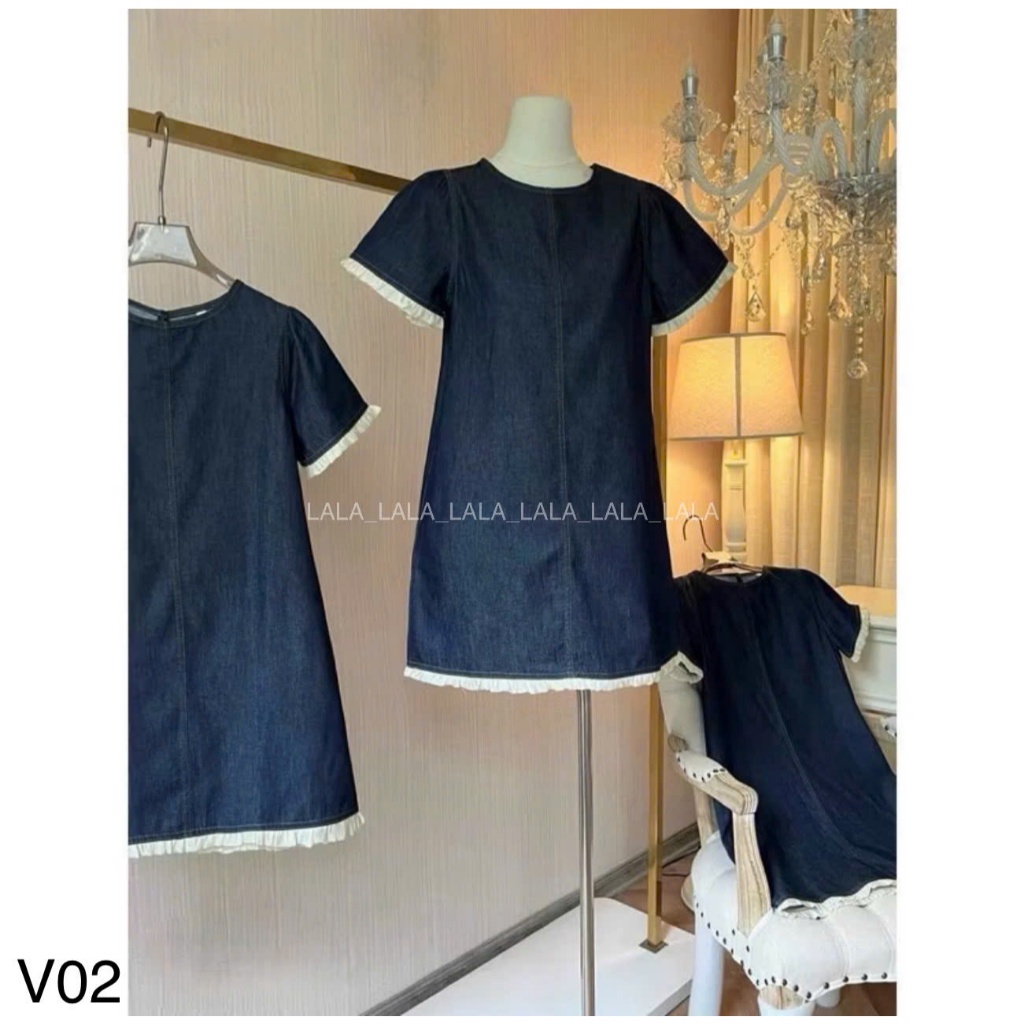 Váy bò dáng suông phối bèo trắng, váy bò mềm che khuyết điểm LALASTORE V02