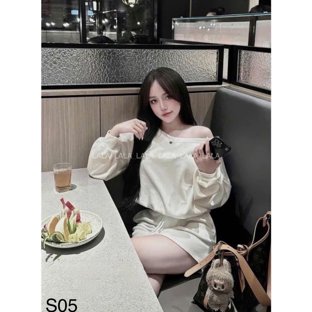 Set áo nỉ trễ vai kèm chân váy A cạp chun, set xinh đi chơi LALASTORE S05