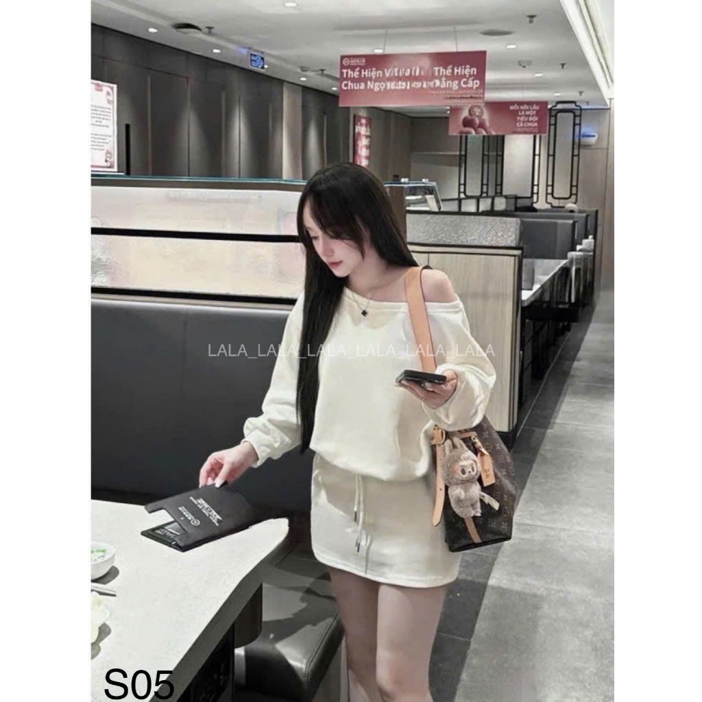 Set áo nỉ trễ vai kèm chân váy A cạp chun, set xinh đi chơi LALASTORE S05