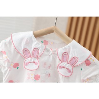 Váy bé gái ngắn tay cổ lá sen thêu thỏ xinh xắn vải thô cotton mỏng cho mùa hè D1078 Bí Ngô Nhỏ