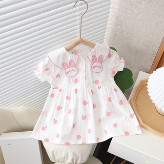 Váy bé gái ngắn tay cổ lá sen thêu thỏ xinh xắn vải thô cotton mỏng cho mùa hè D1078 Bí Ngô Nhỏ