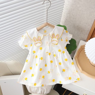 Váy bé gái ngắn tay cổ lá sen thêu thỏ xinh xắn vải thô cotton mỏng cho mùa hè D1078 Bí Ngô Nhỏ