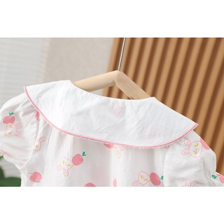 Váy bé gái ngắn tay cổ lá sen thêu thỏ xinh xắn vải thô cotton mỏng cho mùa hè D1078 Bí Ngô Nhỏ