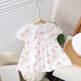 Váy bé gái ngắn tay cổ lá sen thêu thỏ xinh xắn vải thô cotton mỏng cho mùa hè D1078 Bí Ngô Nhỏ
