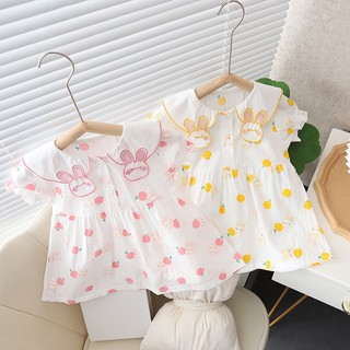 Váy bé gái ngắn tay cổ lá sen thêu thỏ xinh xắn vải thô cotton mỏng cho mùa hè D1078 Bí Ngô Nhỏ
