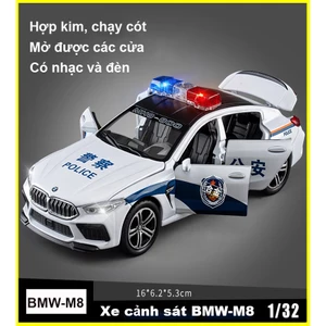 Đồ chơi xe ô tô cảnh sát BMW-M8 bằng hợp kim, chạy cót, có nhạc và đèn, mở được các cửa, tỷ lệ 1:32 toys